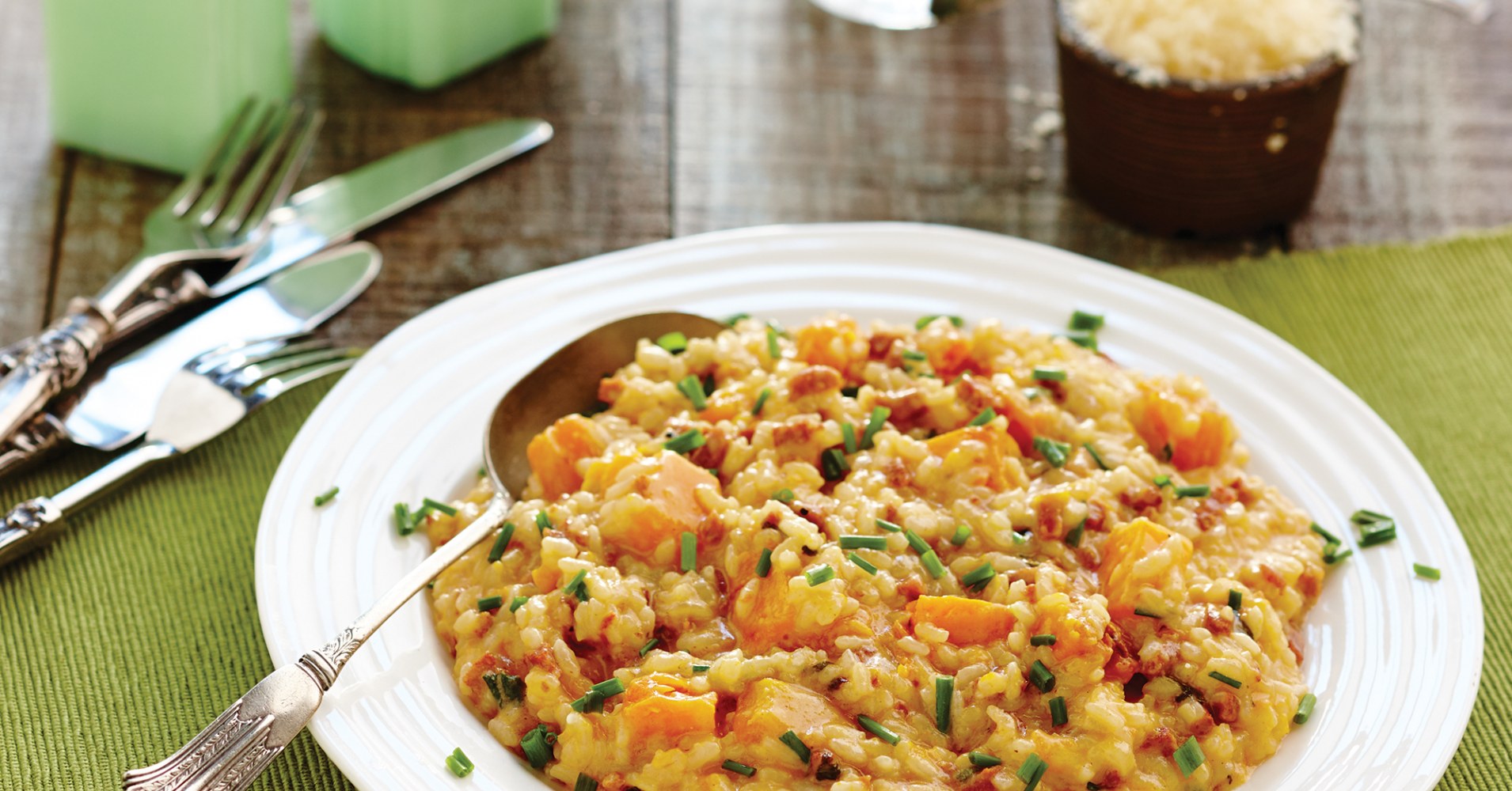 Chorizo, Roast Pumpkin and Chive Recipe | myfoodbook | Spanish risotto recipe